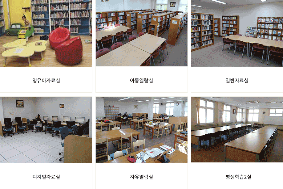 영유아자료실 아동열람실 일반자료실 디지털자료실 자유열람실 평생학습2실